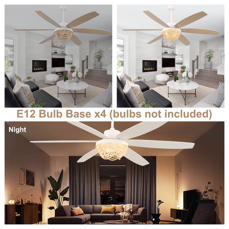 Bella Depot 65" Bohemia Large White Ceiling Fan with Light and Remote 6-Speed Modern Chandelier Fan Wood Bead Shade
