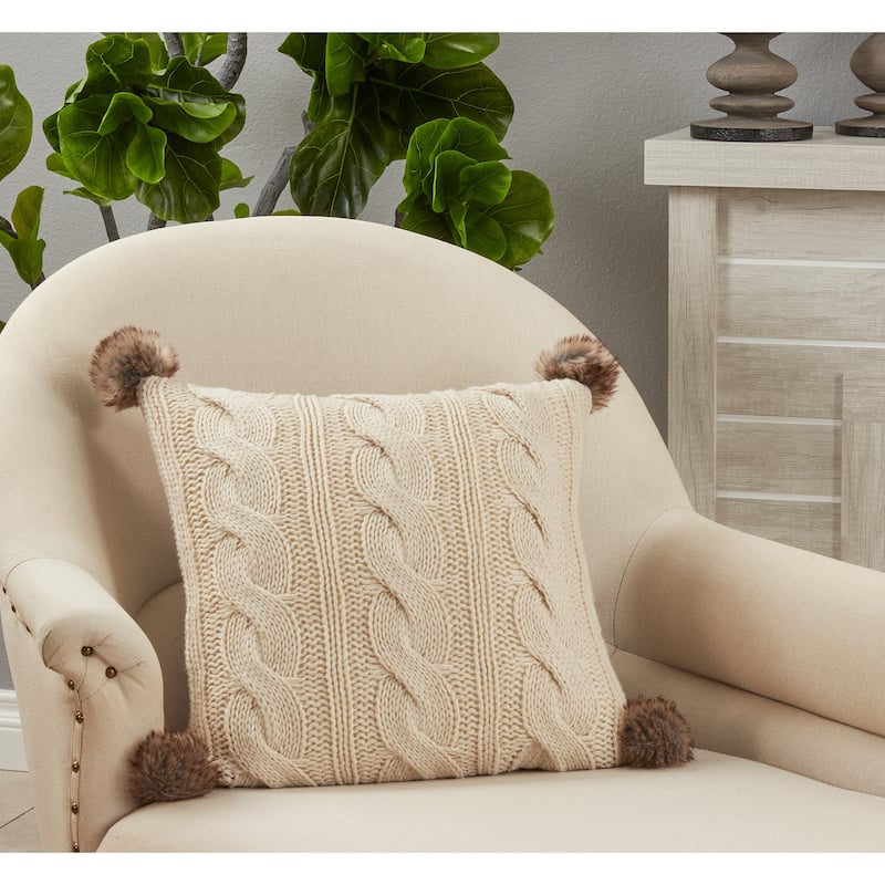 Throw Pillow With Cable Knit Pom Pom Design, 18"x18"