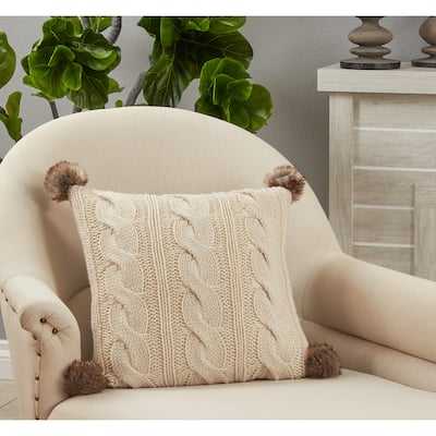 Throw Pillow With Cable Knit Pom Pom Design, 18"x18"