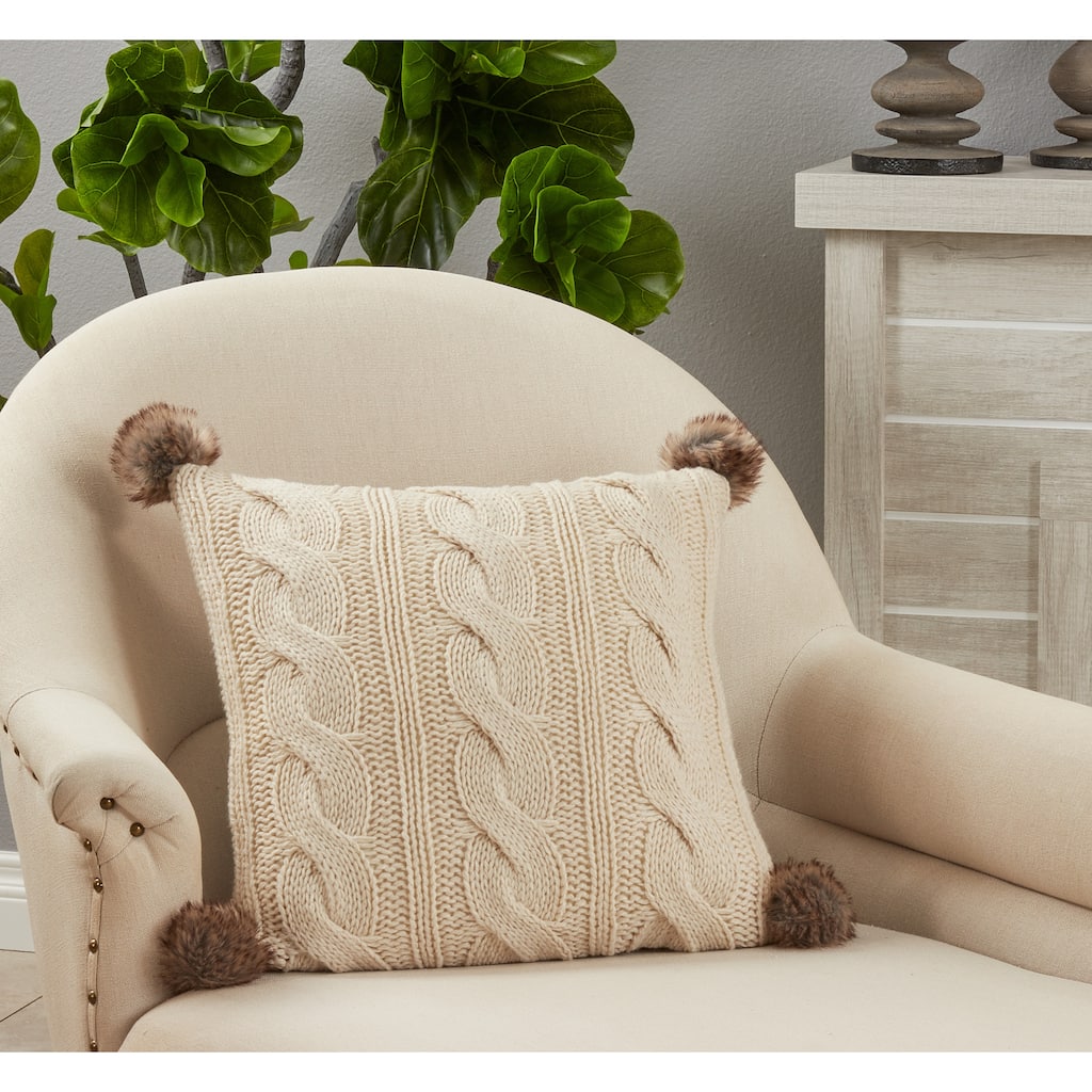 Throw Pillow With Cable Knit Pom Pom Design, 18"x18"