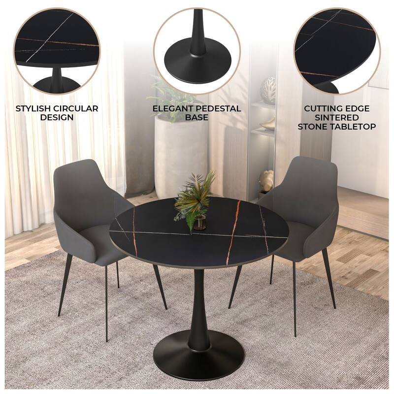 Bristol 32" Round Minimalist Dining Table for 4, Sintered Stone Top & Black Iron Pedestal Base for Kitchen & Dining Room