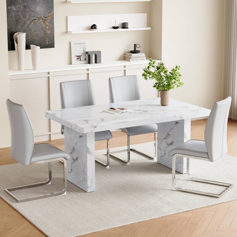 5 Piece Rectangular Dining Table Set, Modern 63" Imitation Marble Dining Table w/ 4 PU Upholstered Chair for Kitchen