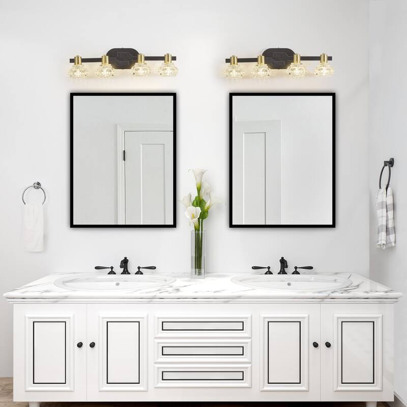 24" Vintage 4-Light Wall Sconce with Clear Crystal Shades, Black Iron Finish Vanity Light Fixture