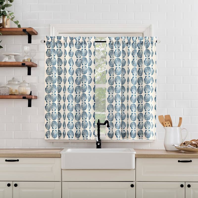 No. 918 Sandbar 2-Piece Tonal Seashell Print Semi-Sheer Rod Pocket Kitchen Curtain Tier Pair