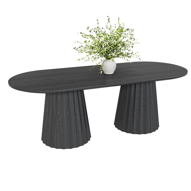 86" Modern Oval Dining Table Set with 8 Upholstered Chairs Textured Wood Top & Dual Pleated Pedestal Base