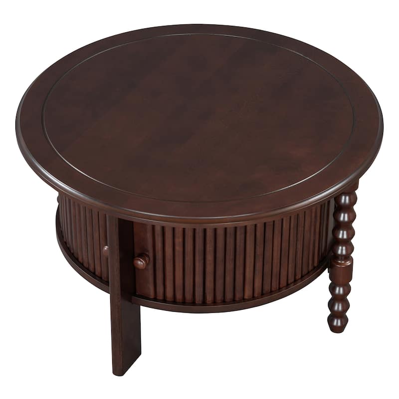 Round Slatted Coffee Table Accent Table with Storage Shelf, Modern Cocktail Table End Table with Sliding Door
