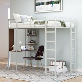 Silver Twin Size Metal Loft Bed with Ladder, Fence, 2 Shelves and Desk for Bedroom