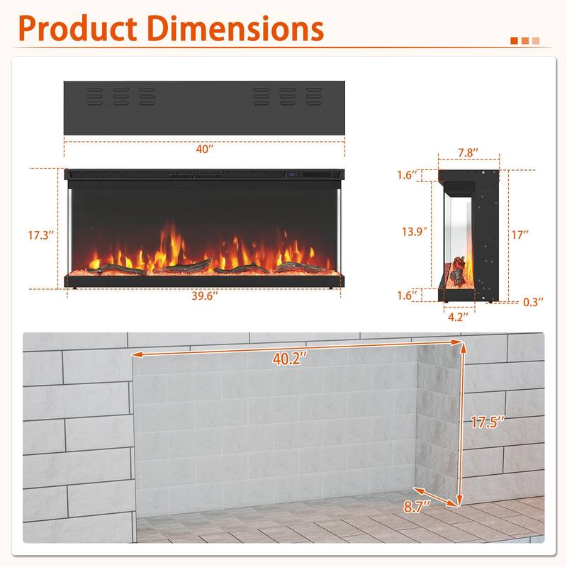 Costway 40" Wide 3-Sided Electric Fireplace Insert with Remote Control - See Details