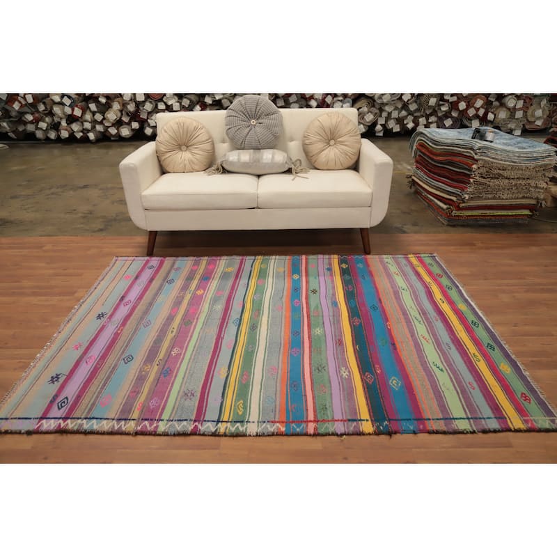 Hand Woven Oriental 100% Wool Carpet Southwestern Tribal Multi-Colored Kilim Area Rug - 6' 10'' X 5' 2''