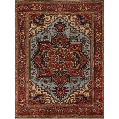 Geometric Heriz Serapi Indian Rug Hand-Knotted Blue Wool Carpet - 7'11"x 9'9"