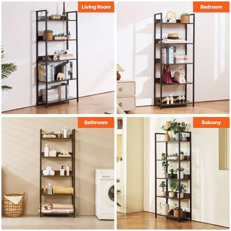 5-Tier Freestanding Open Bookshelf with Black Metal Frame and Scratch-Resistant Panel - 23.62"L x 11.81"W x 60.63"H