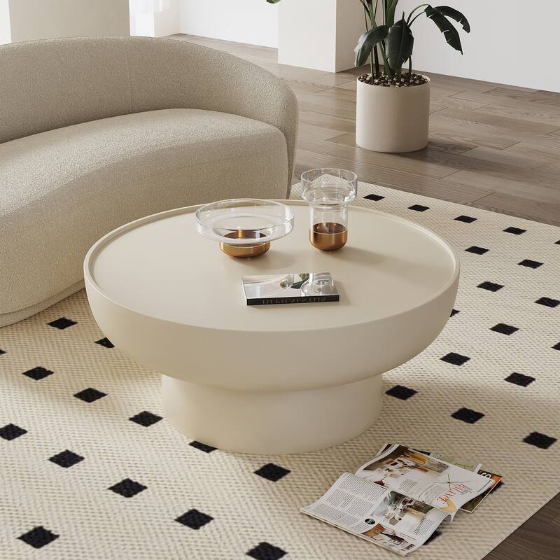 35.5 In Fiberglass Tabletop Modern Round Beige End Table - Beige - Glass