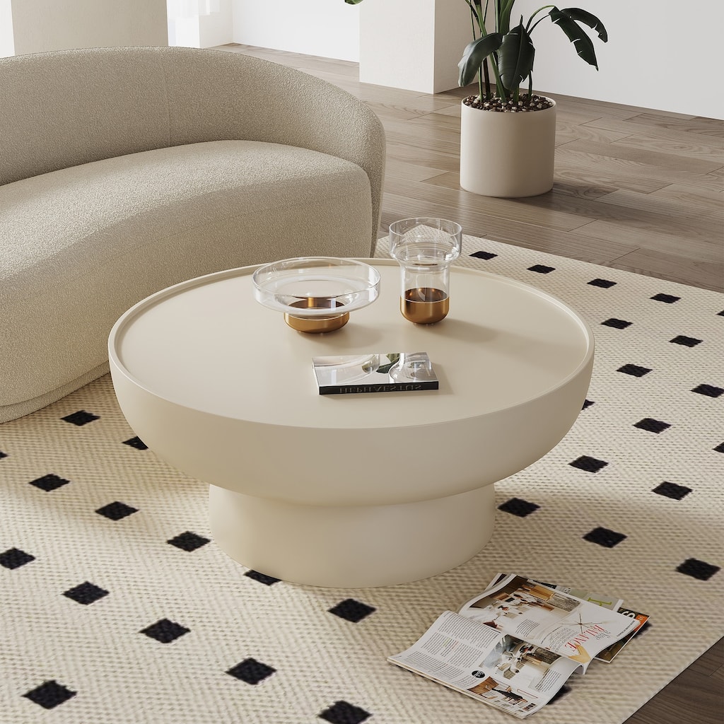35.5 In Fiberglass Tabletop Modern Round Beige End Table