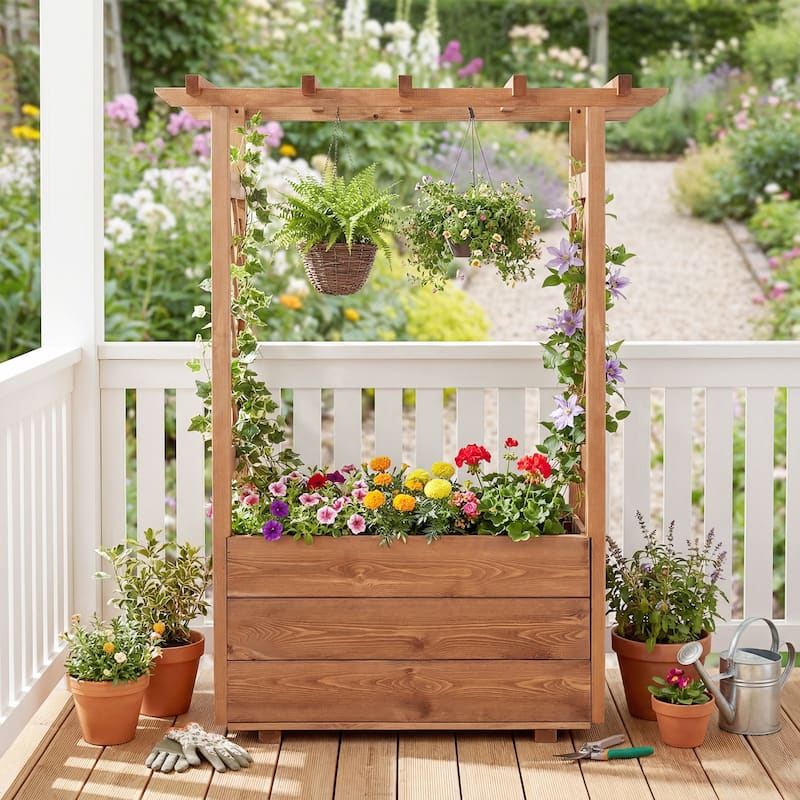 Gymax Wooden Raised Garden Bed/ Lattice Trellises Hanging Roof