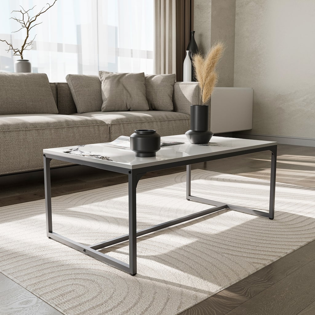 Coffee Table with Glossy White Slate End Side Table
