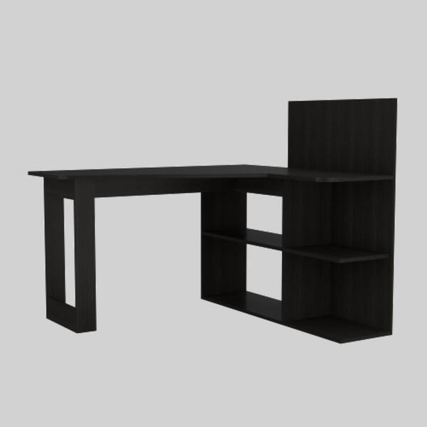 slide 2 of 3, 51.7" Wide L-Shaped Desk with Right Return, Open Shelves, and Modern Hutch for Office or Study Use Black