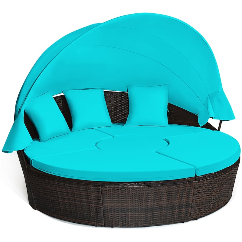 Patio Rattan Daybed Cushioned Sofa Adjustable Table Top Canopy - Turquoise