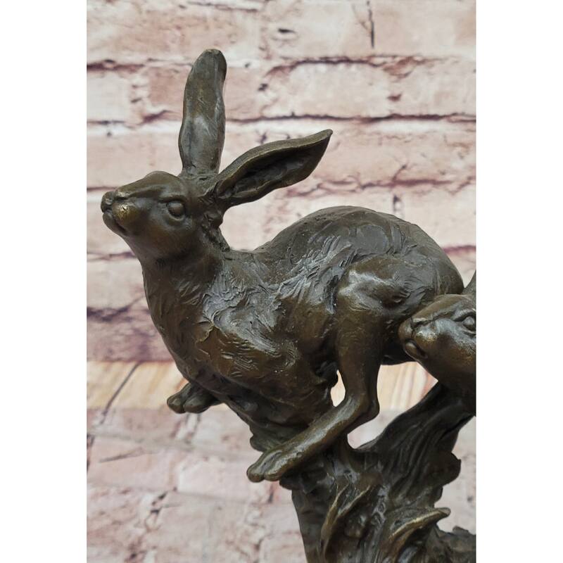 Pair Of Running Imitative Rabbits Hares Bunnies Bronze Sculpture Statue Decor Signed Original Art