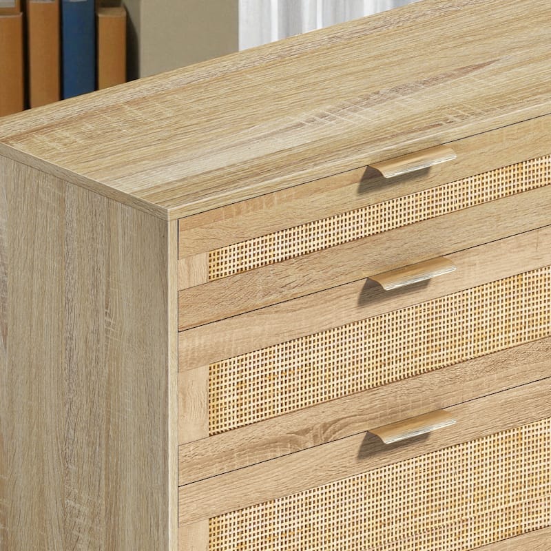 Rattan Dresser with 6 Drawers, Wide Chest of Drawers Storage Cabinet with Metal Handles and Wood Legs for Bedroom and Hallway