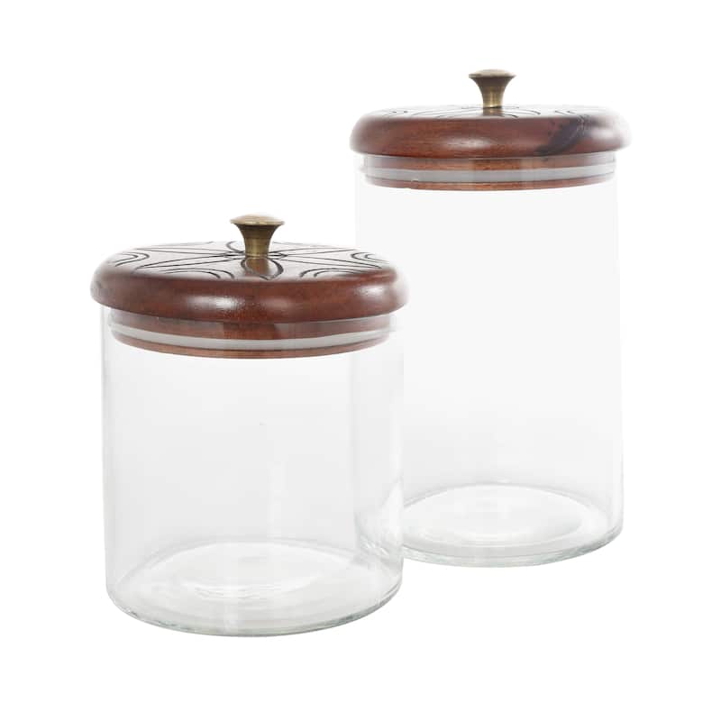 Glass Floral Carved Decorative Jars with Brown Wooden Lids and Gold Knobs - Set of 2 Clear - Roche River Decor - 5"W x 5"L x 9"H