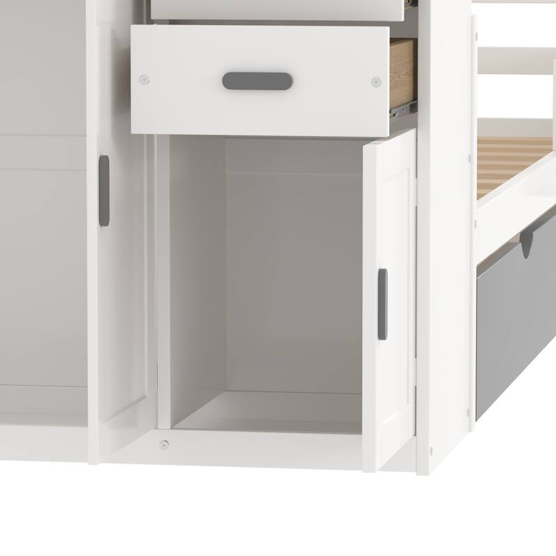 Multifunctional Twin Size Wood Platform Bed with Bookshelf, Wardrobe, and Trundle, White