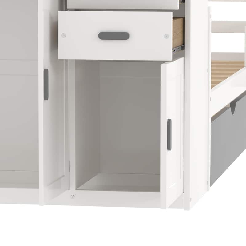Bedside Bookshelf Wood Platform Bed, Panel Bed Frame, End of bed with Movable Wardrobe and Lockers, All-in-one Storage Bed