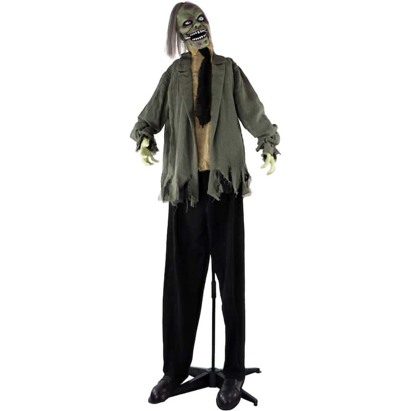 Haunted Hill Farm Life-Size Animatronic Zombie with Lights and Sound, Indoor or Covered Outdoor Halloween Decoration