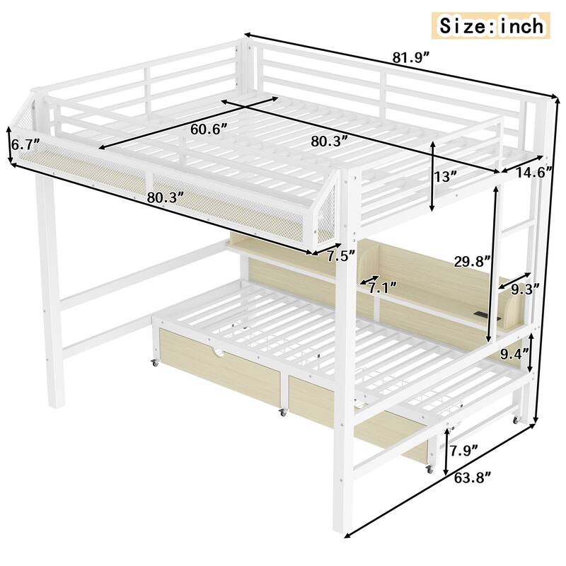 Multifunctional Queen over Queen Bunk Bed with USB Ports, LED Lights, Storage Shelves and Drawers, Lower Bed Converted into Sofa