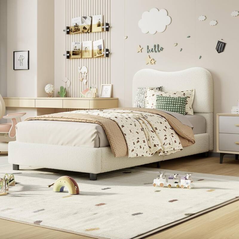 Upholstered Boucle Bed Frame with Headboard, No Box Spring Needed, Beige - Twin