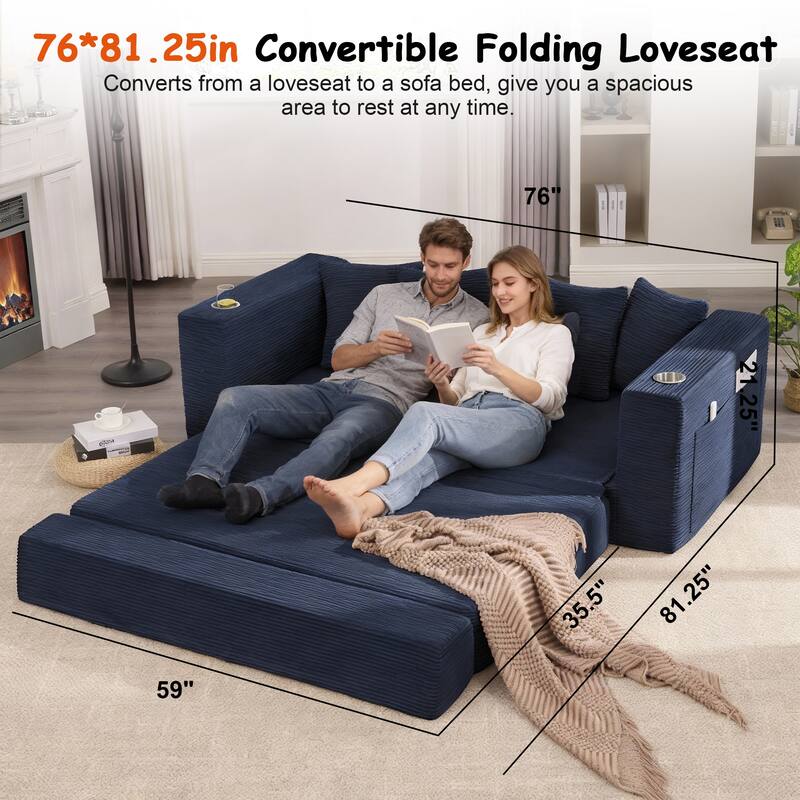 Convertible Sofa Bed, 76" Boneless Loveseat Couch 2 in 1 Foldable Floor Sofa Couch with 2 Cup Holders, Folding Sleeper Chair