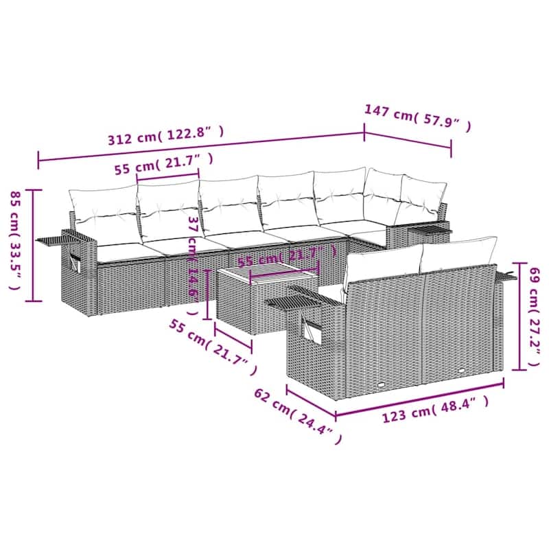 vidaXL 9 Piece Patio Sofa Set with Cushions Black Poly Rattan - 24.4" x 24.4" x 27.2"