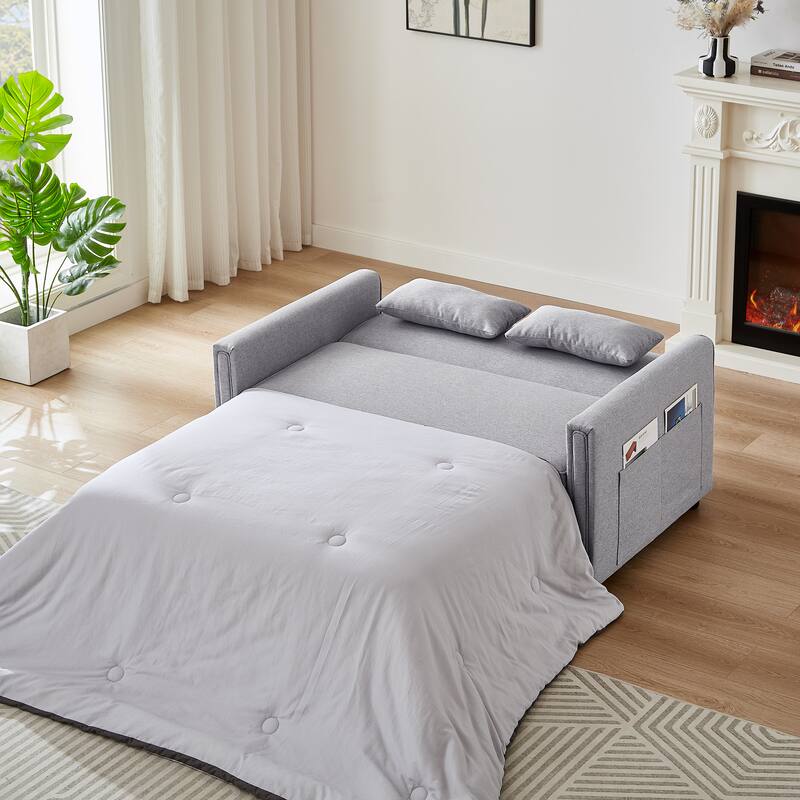 Modern Linen Convertible Loveseat Sleeper Sofa Couch with Adjustable Backrest, Pull-Out Bed and 2 Lumbar Pillows