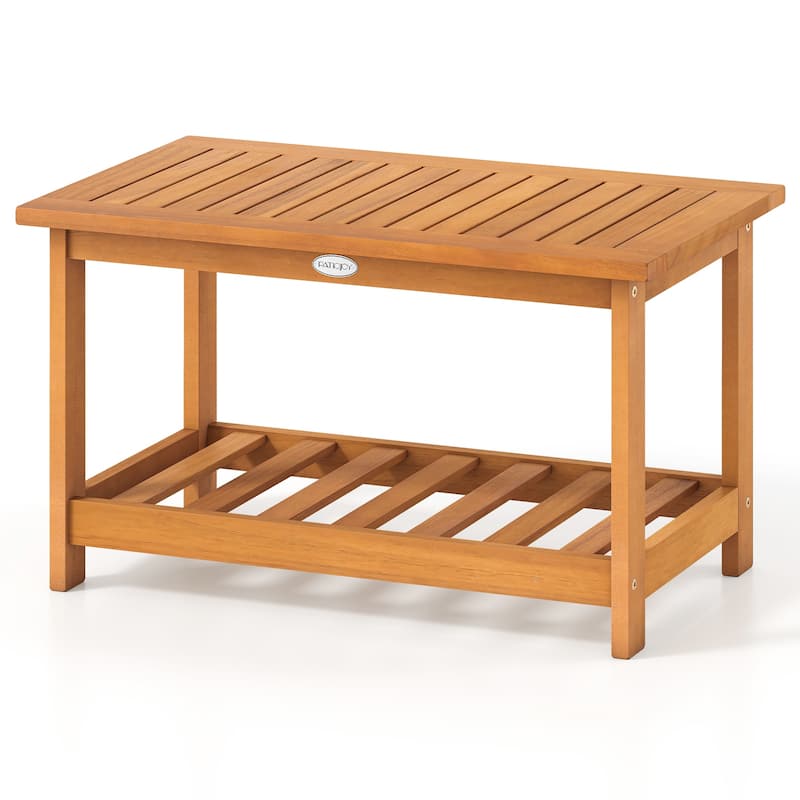 2-Tier Acacia Wood Rectangular Coffee Table with Lower Shelf and Slatted Top for Patio or Living Room - 29.5" x 18" x 17"