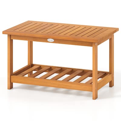 2-Tier Acacia Wood Rectangular Coffee Table with Lower Shelf and Slatted Top for Patio or Living Room - 29.5" x 18" x 17"