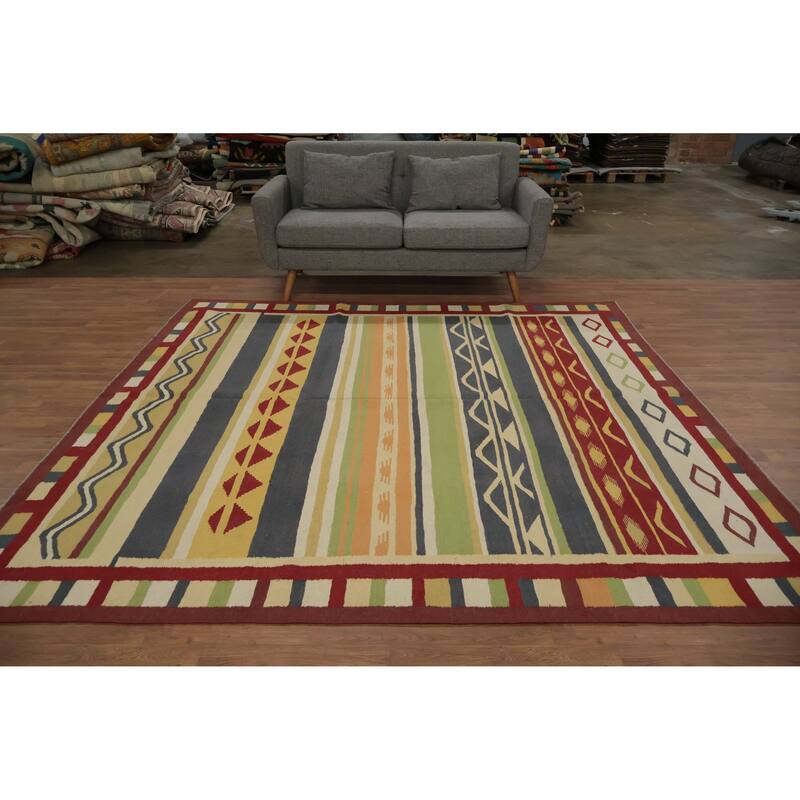 Hand Woven Oriental 100% Wool Carpet Southwestern Tribal Multi-Colored Kilim Area Rug - 8' 3'' X 8' 3''