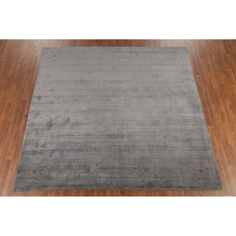 Striped Gabbeh Square Area Rug Handmade Gray Wool Carpet - 9'0"x 8'7"