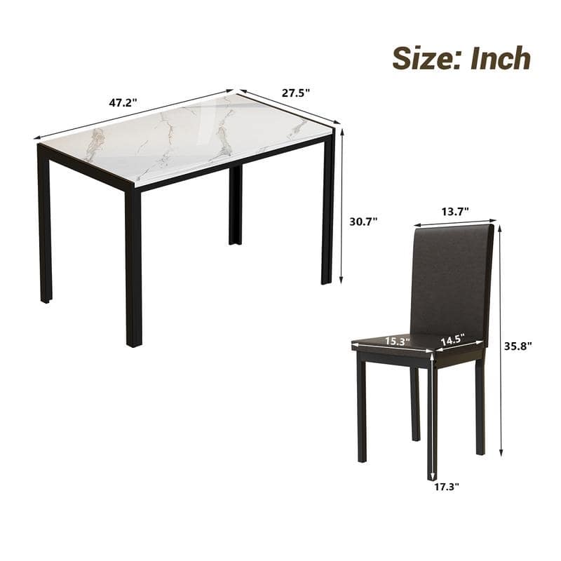 Modern Faux Marble 5 Pieces Kitchen Dining Set with 4 Cushion PU Leather Chairs