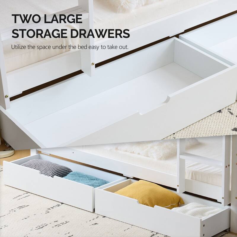Solid Wood Twin-over-Twin Convertible Bunk Bed with 2 Drawer, White