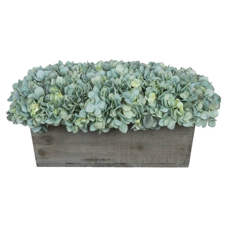 Faux Hydrangeas in Grey Wood Washed Ledge Planter - Teal