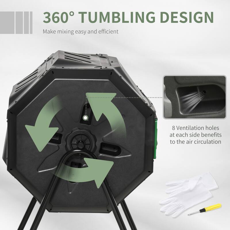 Outsunny Tumbling Compost Bin Outdoor Dual Chamber 360-deg Rotating Composter 43 Gallon w/ Sliding Doors & Solid Steel Frame
