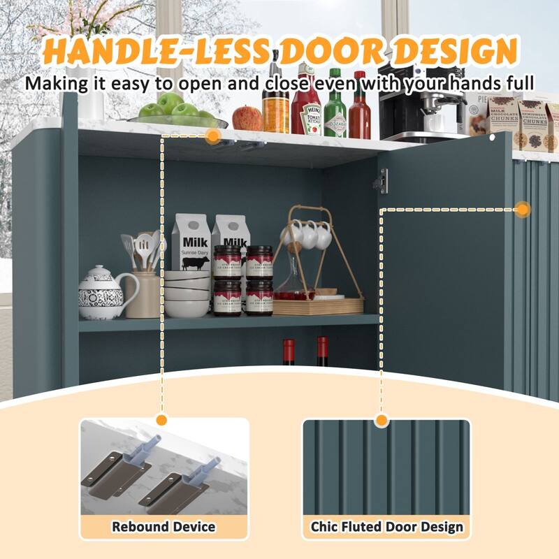 VEIKOUS Dining Buffet Cabinet with Handleless Fluted Door, Adjustable Shelves & Water-Resistant White Marble Top