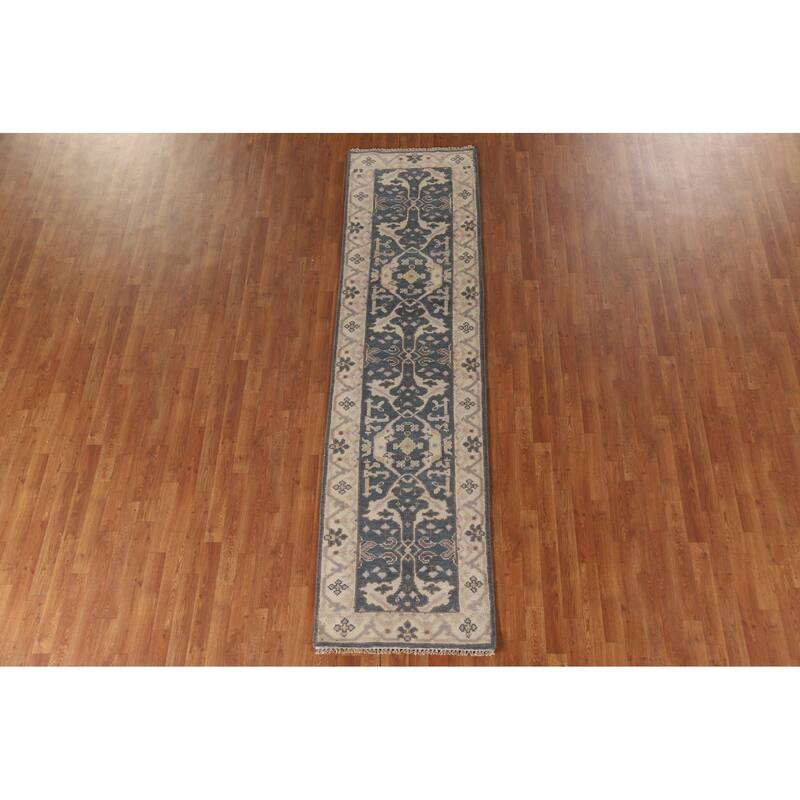 Blue Oushak Style Runner Rug Handmade Wool Carpet - 2'7"x 9'10"
