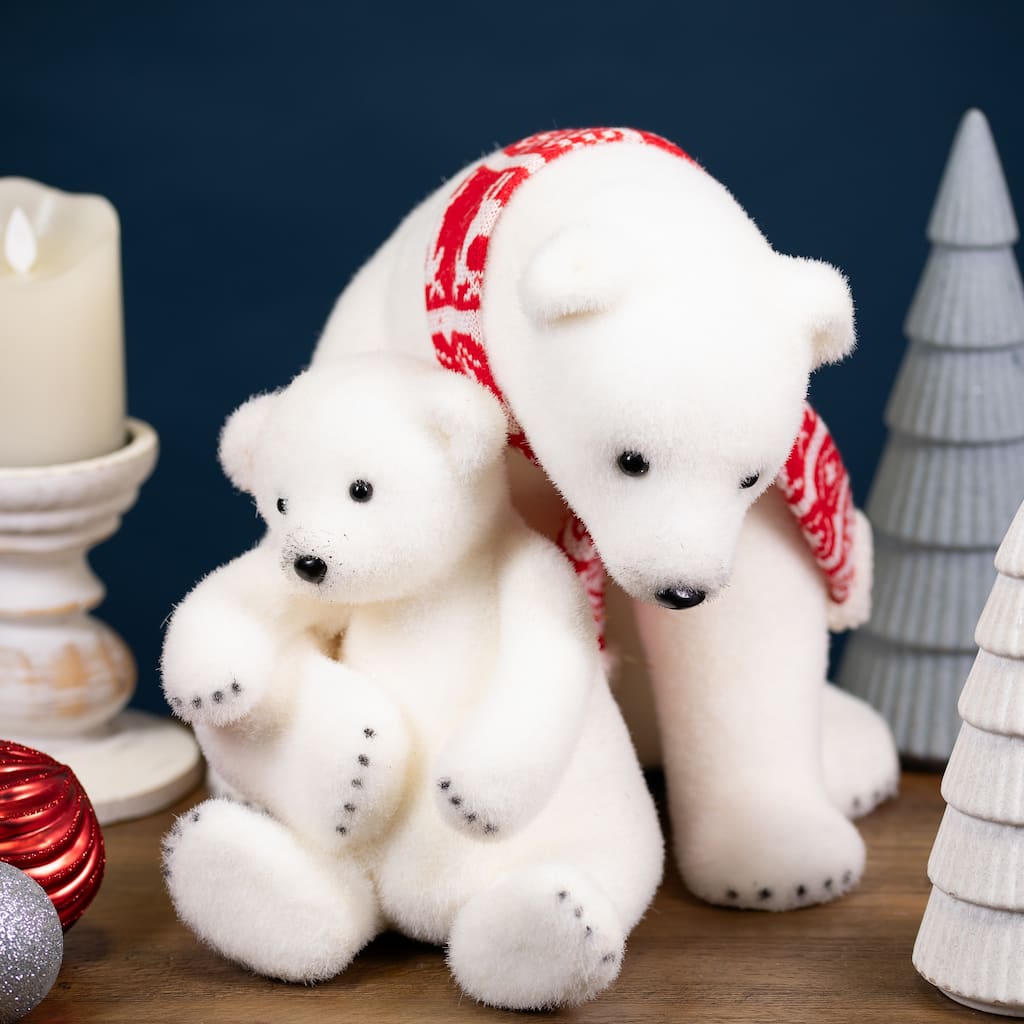 Sitting Polar Bear Mom and Cub Christmas Figure - 14.5" - White and Red