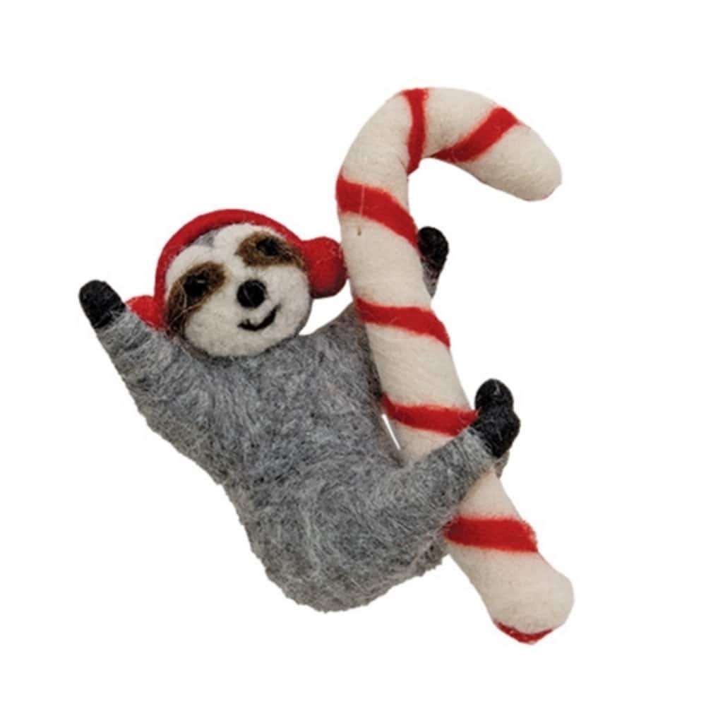 Felted Sloth Ornament with Candy Cane Holiday Hanging Decor - 4.50 in.