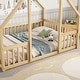 preview thumbnail 7 of 6, Full Pine Wood House-Shaped Floor Bed Frame w/Fence&Guardrails,Natural