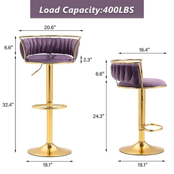 dimension image slide 16 of 24, Modern Velvet Adjustable Swivel Bar Stools Set of 2