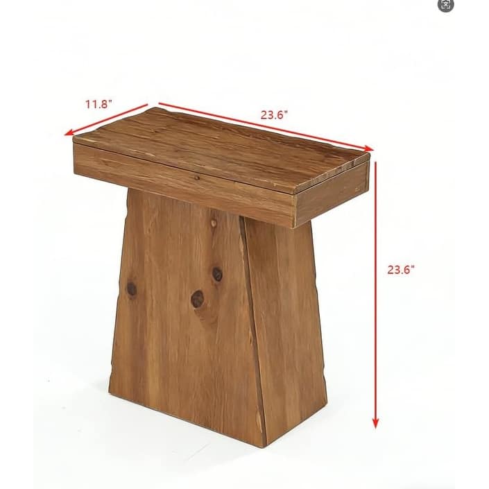 Solid End Table, 23.6" Wood Side Table with Trapezoid Base for Small Space, Living Room
