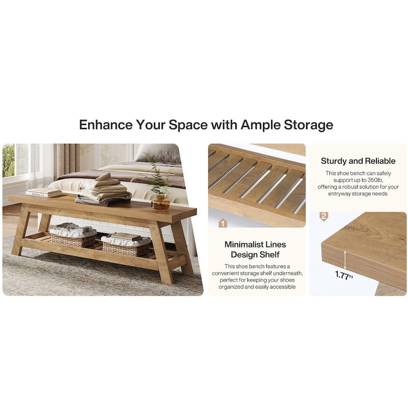 55" Entryway Bench with Shoe Storage, Large 2-Tier Foyer Bench