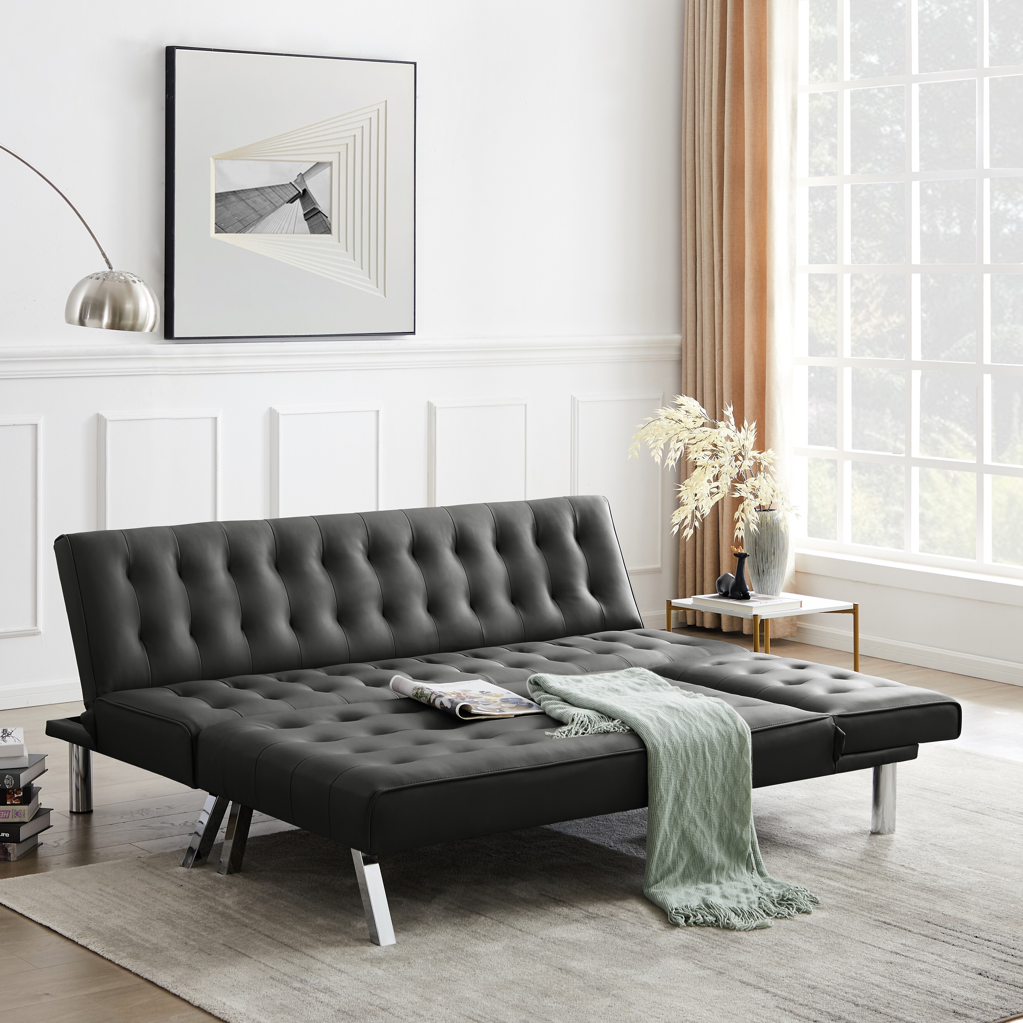 TiramisuBest Large L-Shape Reversible Armless PU Leather Sleeper Sofa Bed, Black