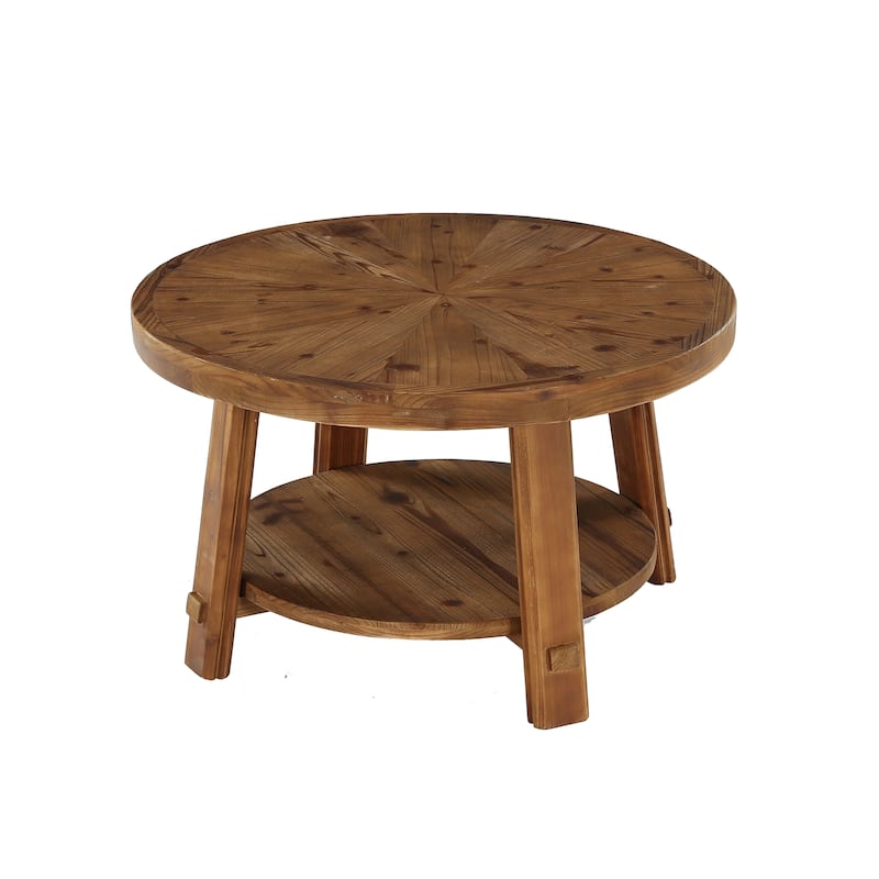 Solid Wood Round Coffee Table with Storage, 1.97'' Thickness Tabletop - Brown